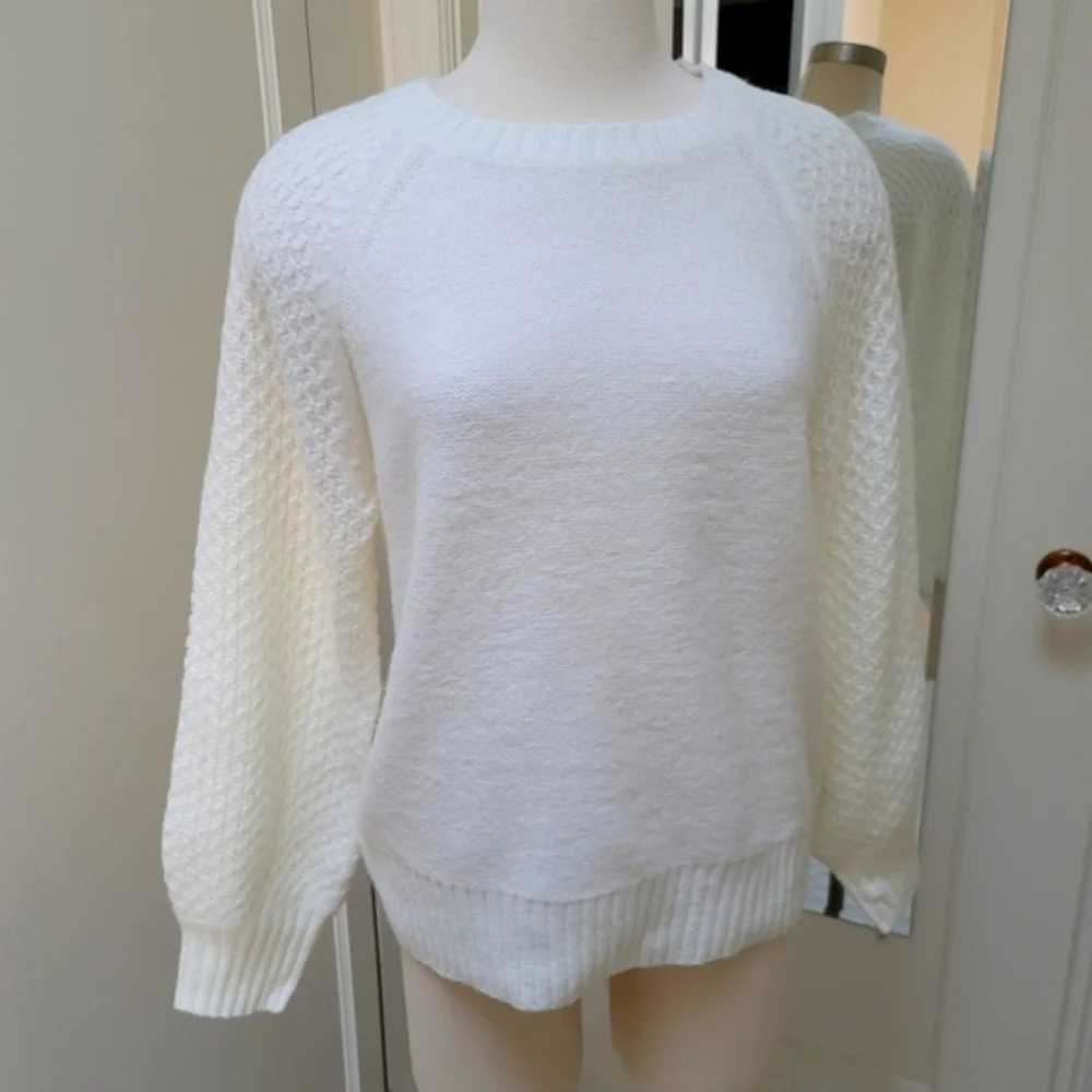 New! J.Crew XXL XX-Large Ivory White Honeycomb Balloon-Sleeve Sweater Top NWT